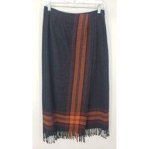 Vintage 90s Wool Plaid Fringe Blanket Wrap Midi Skirt Grey Orange Size 8P Petite
